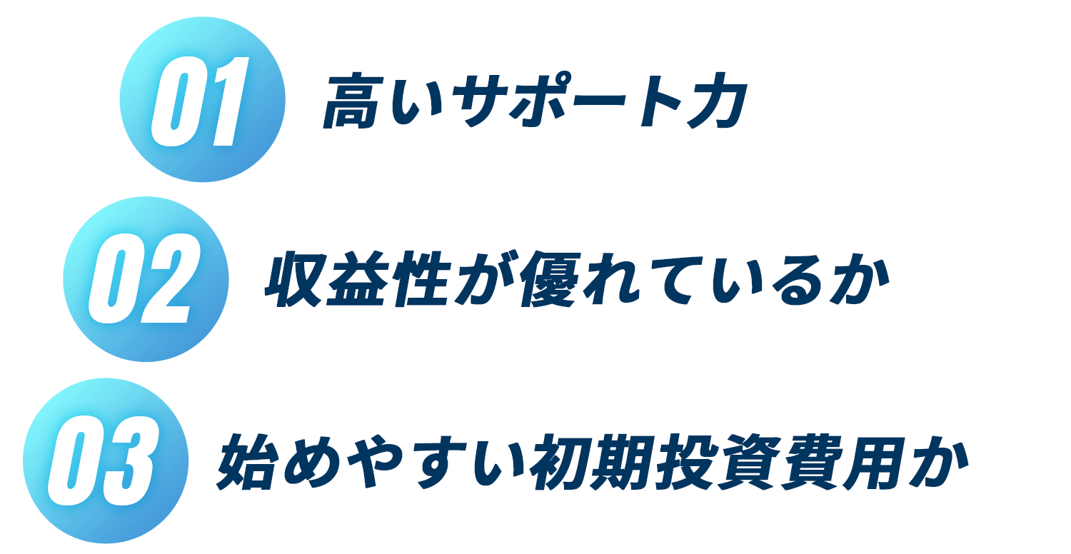 高いサポート力・収益性が優れているか・始めやすい初期投資費用か